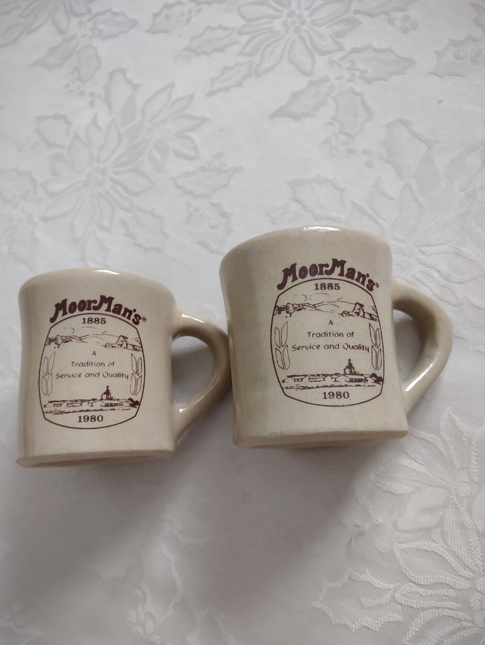 MoorMan's 1980 Monmouth Pottery Coffee Mugs Maple Leaf Emblem